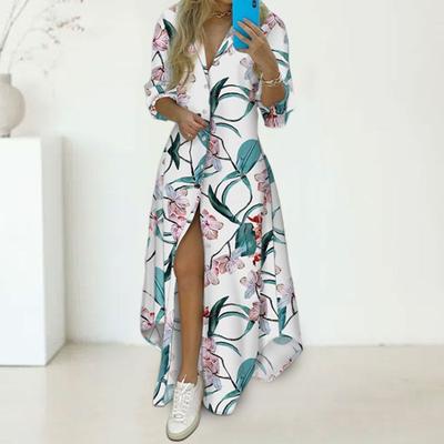 Женское летнее платье рубашечного типа с длинными рукавами, однобортное, с принтом, А-силуэта, свободного кроя, с разрезом