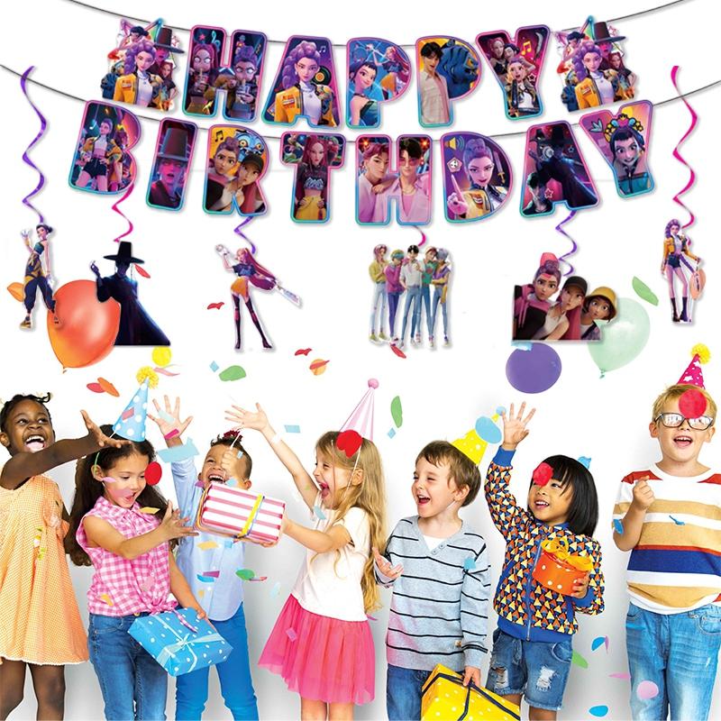 Kpop Demon Hun Theme Party Disposable Tableware Hunter Flag Balloon Caketopper Decor Hunters Group Birthday Party Accessorie