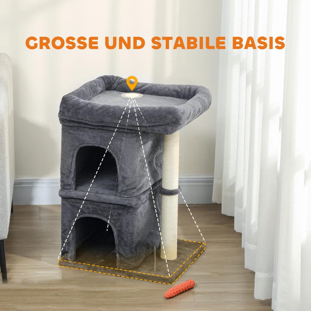 66 cm Small Cat Tree for Large Cats, Cat Tower w/ Large Top Perch, 2 Condos, Sisal Scratching Post, Toy Ball, Dark Grey