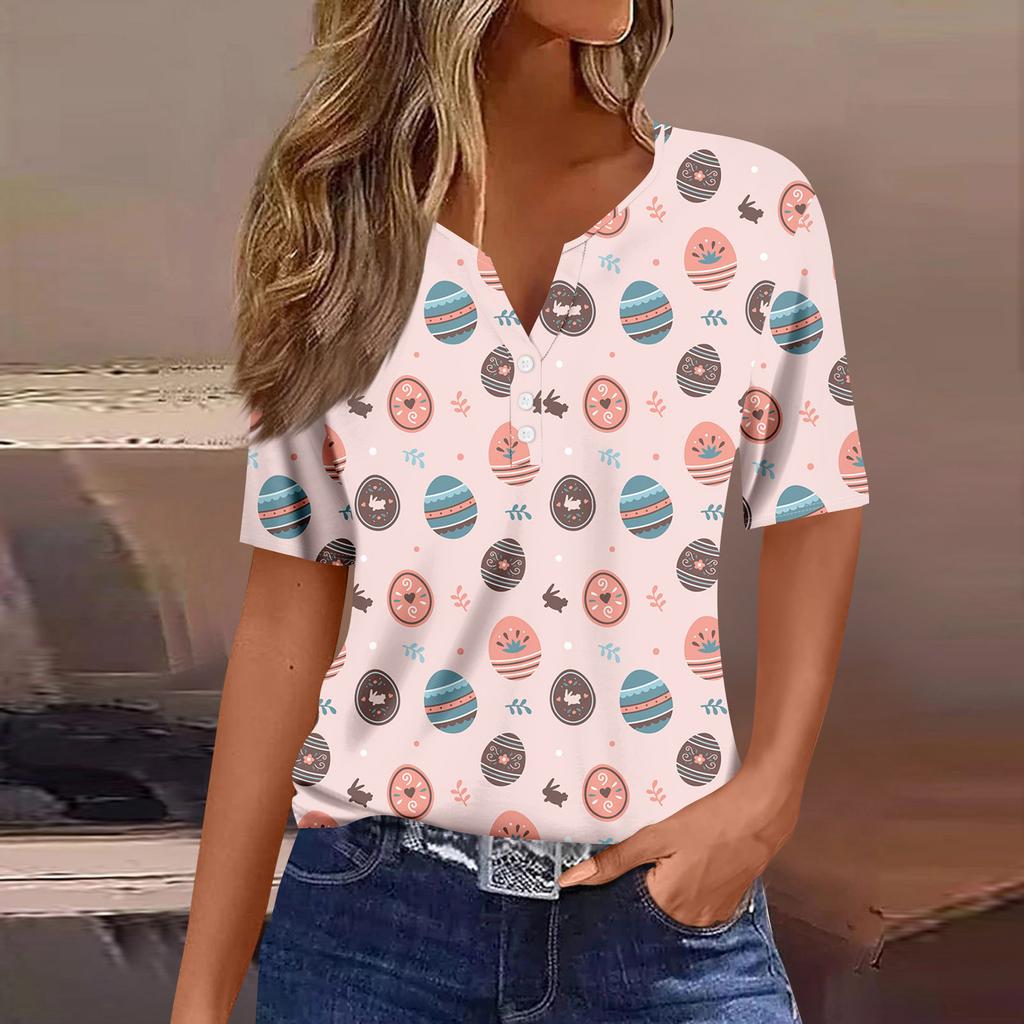 Women's Casual Print V-Neck Short Sleeve Decorative Button T-Shirt Top