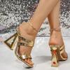 Fashion Fashion Gold High Heel Sandals for Women Square Toe Strange Heeled Party Dress Shoes Woman Summer Double Strap Mule Slippers