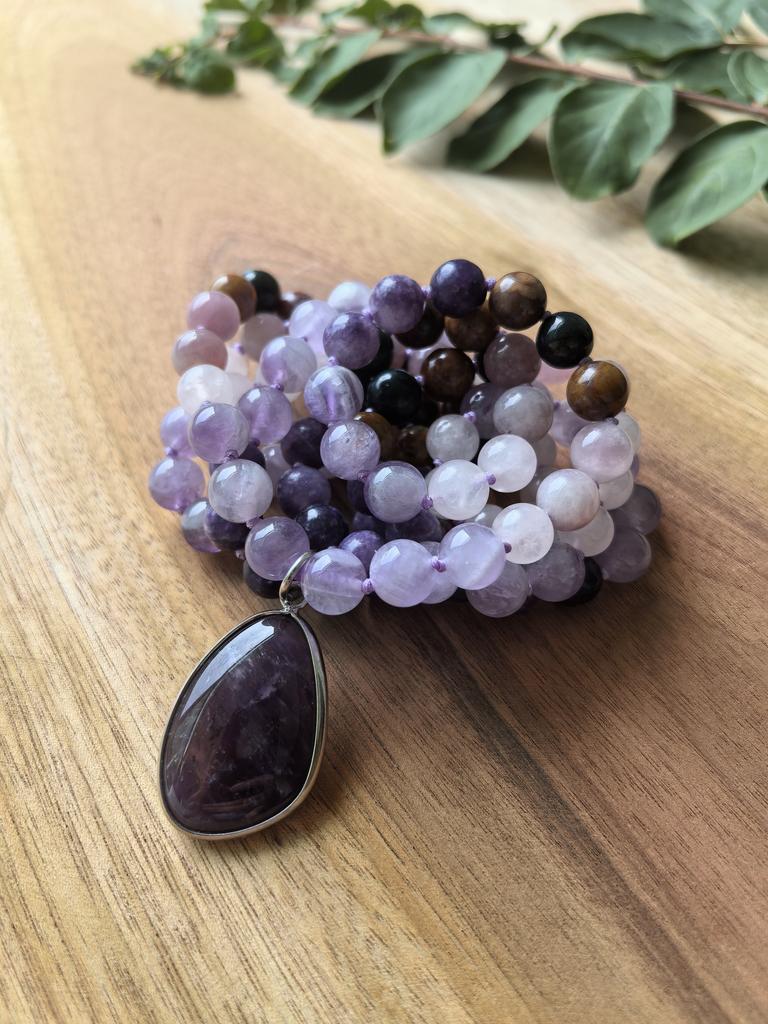 Natural Rose Quartz,Lepidolite,Amethyst Mala Necklace,108 Hand Knotted Meditation Japa Mala,Healing Crystals,Yoga Prayer Gift
