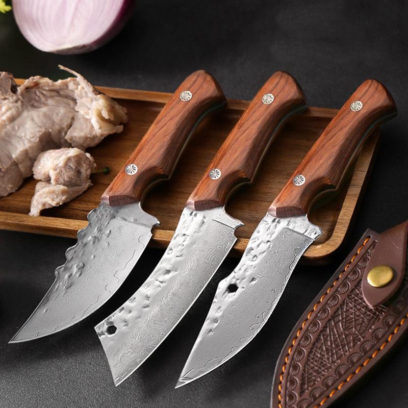 Дамасская сталь Тесак для мяса Нож для обвалки Нож с молотком Кованый нож ручной работы Нож для нарезки с чехлом для ножа