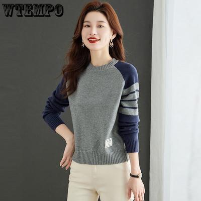 Круглый вырез горловины, цветной блок, короткий вязаный свитер, модный базовый свитер, новый топ на осень и зиму