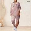 Women Plus Size Pink Printed Nurse Scrub Set V Neck Long Sleeve Pocket Top And Long Pants