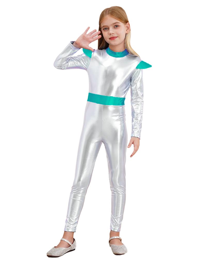 Girls Alien Cosplay Costume Space Astronaut Robot Jumpsuit Long Sleeve Shiny Metallic Bodysuit For Halloween Christmas Dress Up