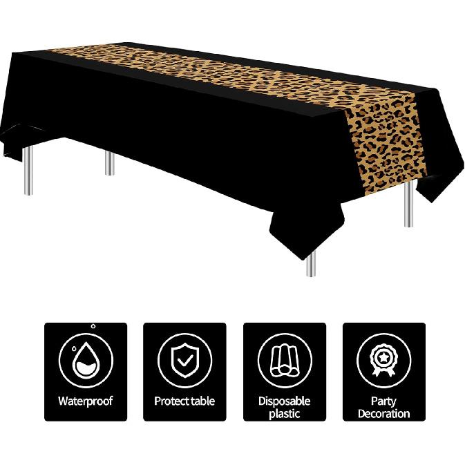 Cheetah Print Leopard Party Decorations Tablecloth, 3Pcs Disposable Black and Leopard Birthday Party Supplies Table Cover Printed Table Runner, for