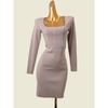 Fashion Style Square Collar Bandage Silm Dress Waist-Tight Early Autumn Sexy U-Collar Knitted Hip Skirt