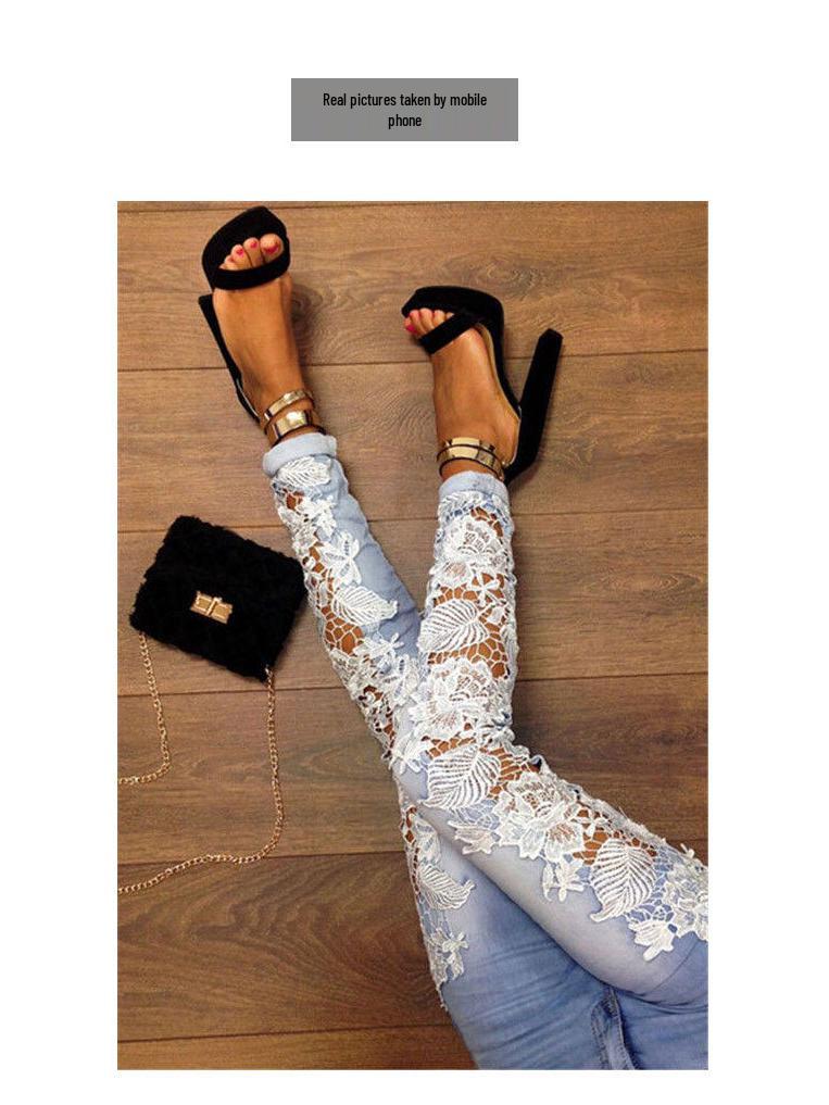 European & American High-Waist Lace Hollow-Out Denim Pants - Sexy Cotton Long Pants for Women