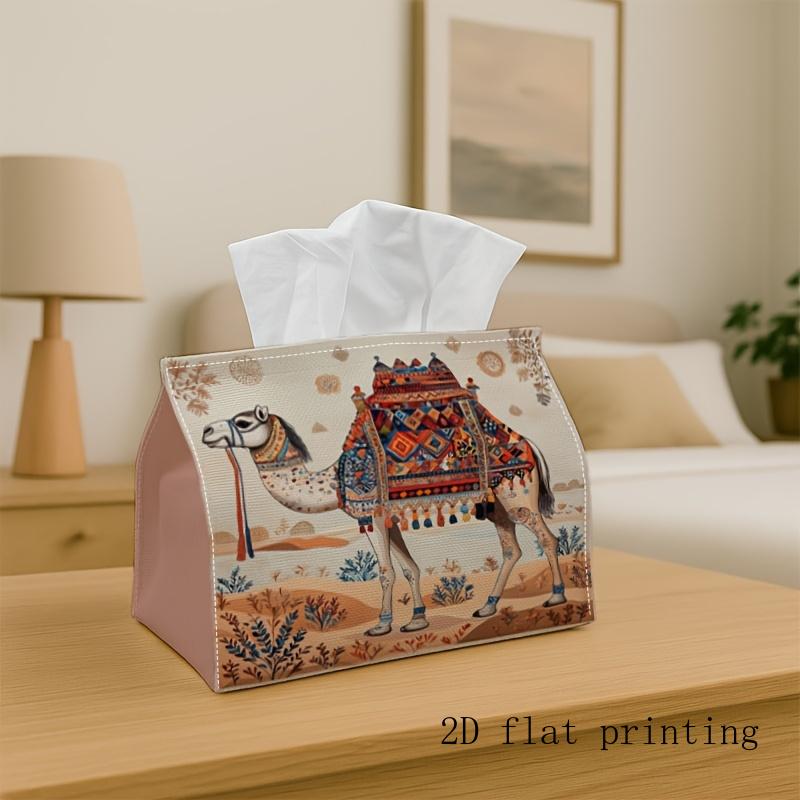 1pc Boho Bohemian Tissue Box Dispenser with Camel Ornament- Blue Boho Decor, Durable Polyester Fabric Tissue Holder for Home, Wedding, Kitchen Table-