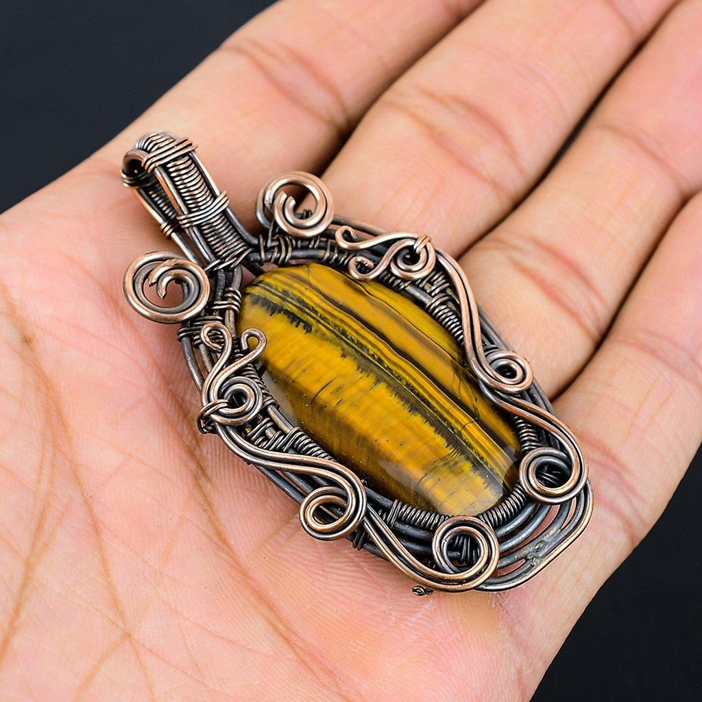 Тигровый глаз драгоценный камень из чистой медной проволоки обернутый ювелирный кулон ручной работы для подарка