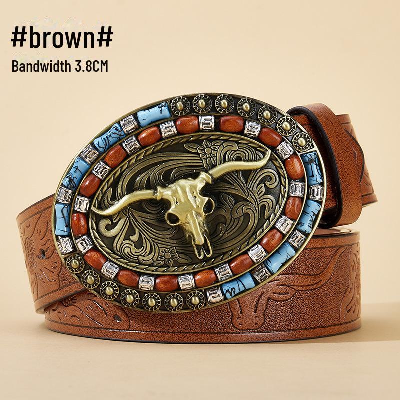 "Western Cowboy Leather Belt - Large Plate Trend, American Street Style, Youth Outerwear Accessory"