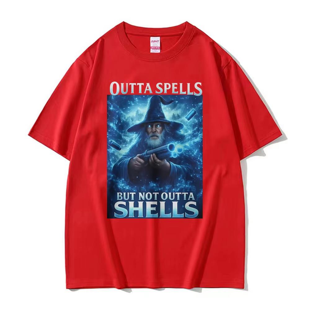 Outta Spells But Not Outta Shells Ironic Wizard Funny Fantasy Meme T Shirts Men Women Summer Tops pure Cotton Tshirt Streetwear