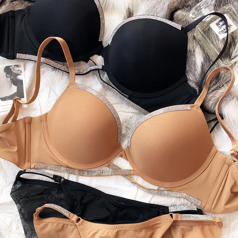 Sexy Women Underwear Set Cross Hollow Bra Fashion Rhinestones Cup Solid Color Push Up Brassiere Deep V Lingerie 2 Pieces Set