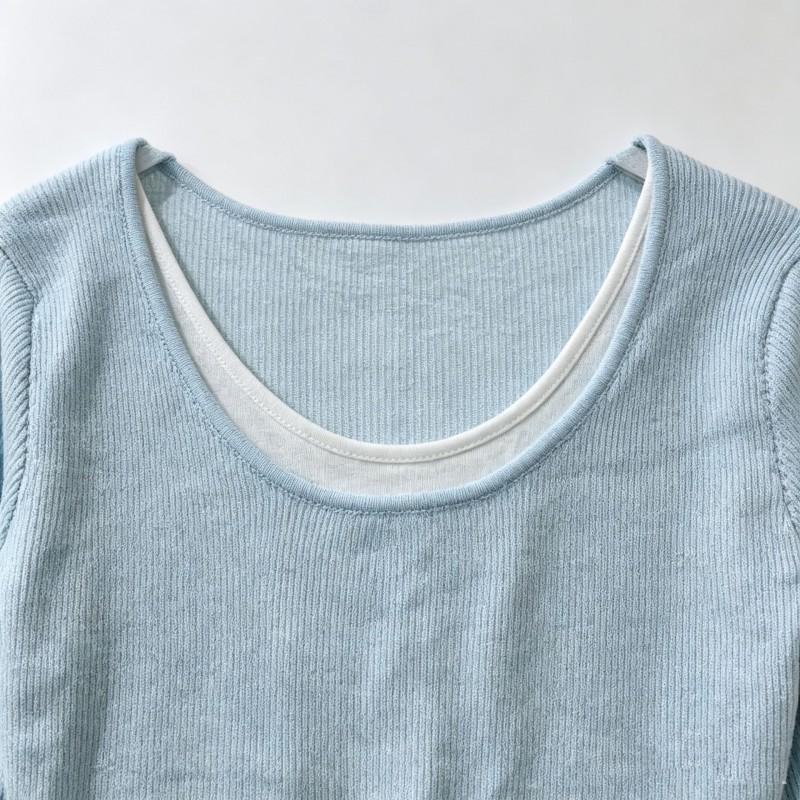Womens Mock Two-Piece U-Neck Ribbed Knit Top Soft Viscose Long Sleeve Slim Fit Layering Base Shirt Fall