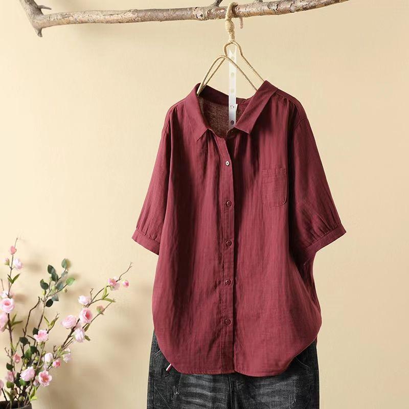 Летняя дышащая удобная рубашка с лацканами, свободная повседневная тонкая художественная рубашка с короткими рукавами