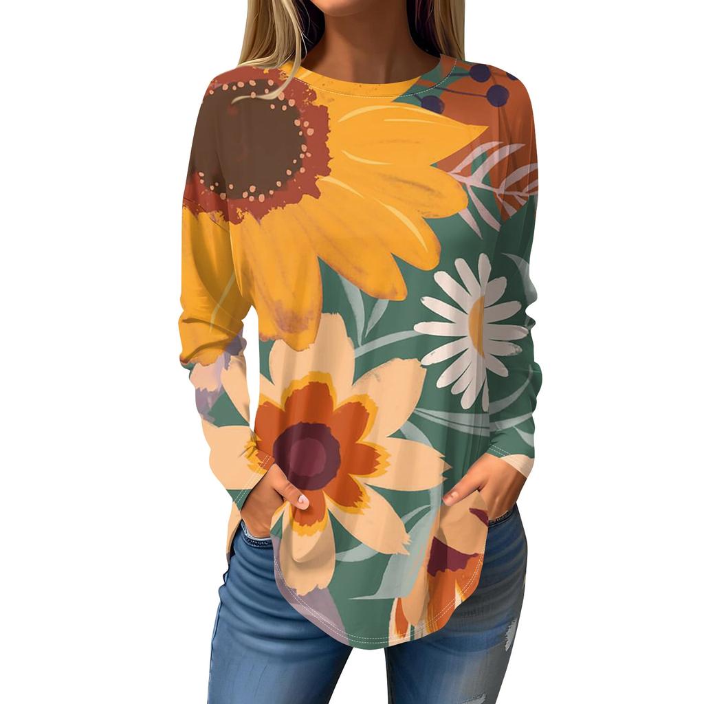 Fashion Women's Casual Long Sleeved Round Neck Printed Tops