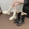 Large Size Snow Leather Boots Women's 2025 Autumn and Winter New Medium Tube Flip Mouth Retro Velvet Fashion Cotton Boots