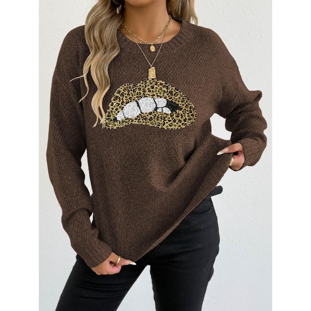 A Leopard Print Embroidered Sequined Lip Personalized Round-neck Pullover Sweater for Women