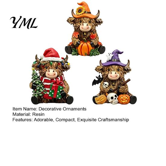 Small Decorative Figurines 3Pcs Highland Cow Figurine, Resin Yak Statues for Thanksgiving Christmas, Cute Entryway Farmhouse Tabletop Ornaments Shelf