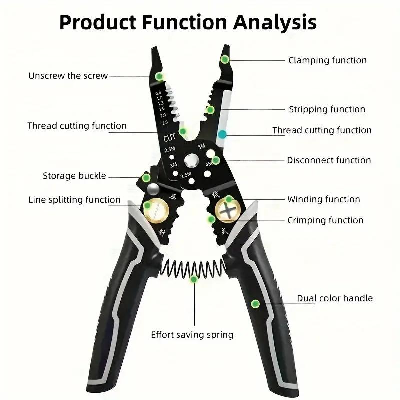 1pc 9-in-1 Multifunctional Electrician Wire Strippers Terminal Crimping Pliers Branching Winding Cutting Pliers Hardware Tools