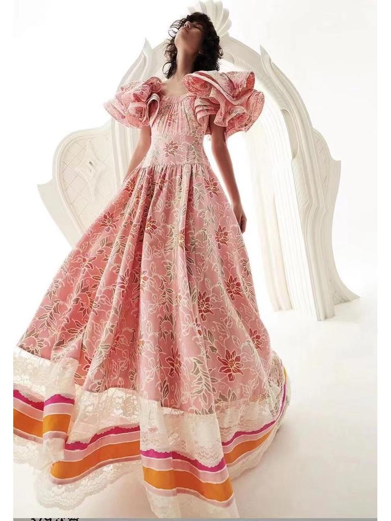 Australian Niche 2024 Spring Lightweight Printed Long Dress with Flutter Sleeves for Women