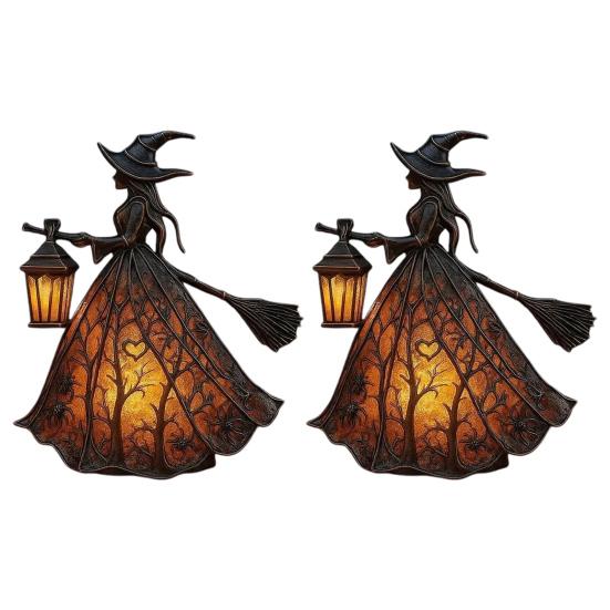Halloween Witch Lamp Handcrafted Gothic Small Stained Glass Witch Figurine with Warm Light Desktop Standing Night Light for Home Shelf Mantel Decor