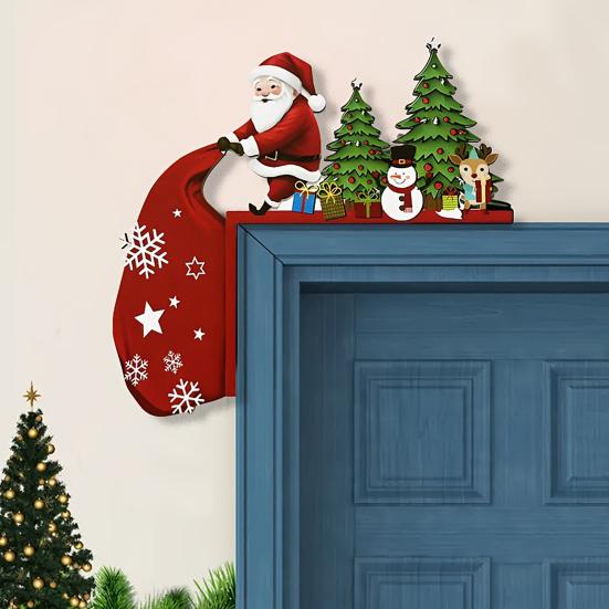 Wooden Christmas Door Topper Cute Santa Claus Door Corner Frame Sign for Holiday Home Wall Cabinet Shelf Decor
