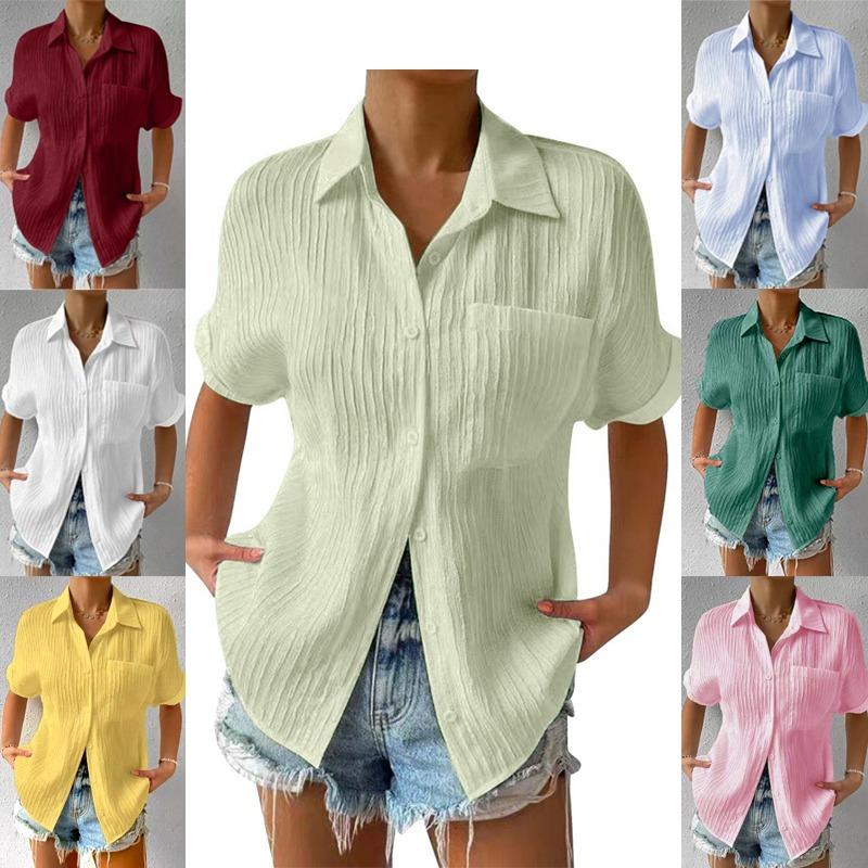 Summer Women's Casual Shirt Solid Color Lapel Button Short Sleeve Tunic Shirt Business Casual Work Shirt Office Femininity Top