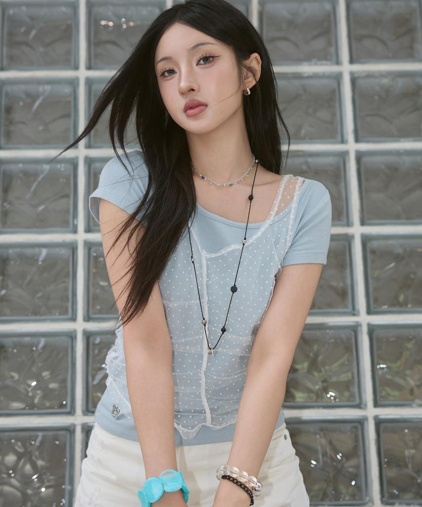 LMR Two-Way Lace Shirred Layered Short Sleeve T-Shirt Sky Blue / White