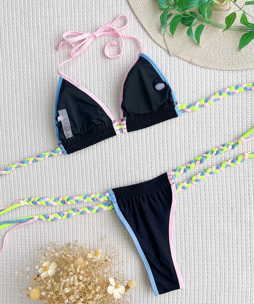 Женский купальник с цветными блоками, с бретелькой на шее, сексуальные стринги с завязками по бокам, цельный купальник, бикини, пляжная одежда, купальные костюмы