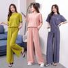 Embroidery Top Sleeved Wrinkle Short Straight Wide Leg Long Pants Set Woman Causal 2 Pieces Pajamas Home Wear Loungewear