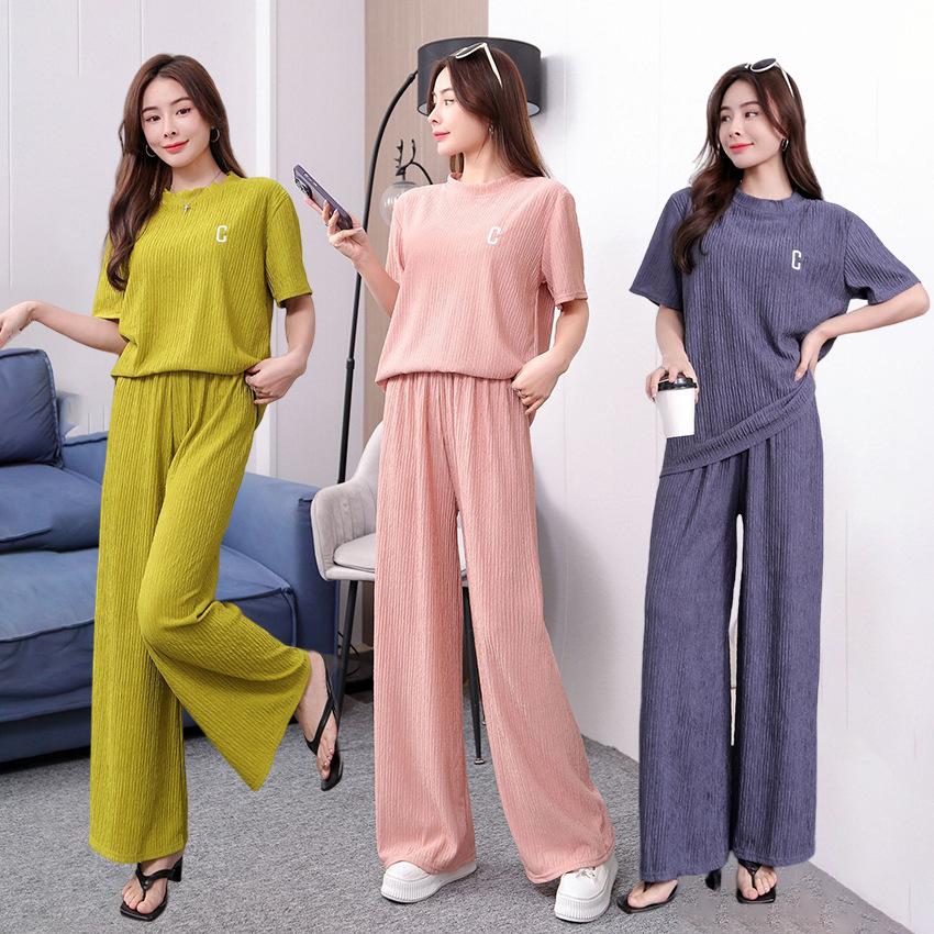 Embroidery Top Sleeved Wrinkle Short Straight Wide Leg Long Pants Set Woman Causal 2 Pieces Pajamas Home Wear Loungewear