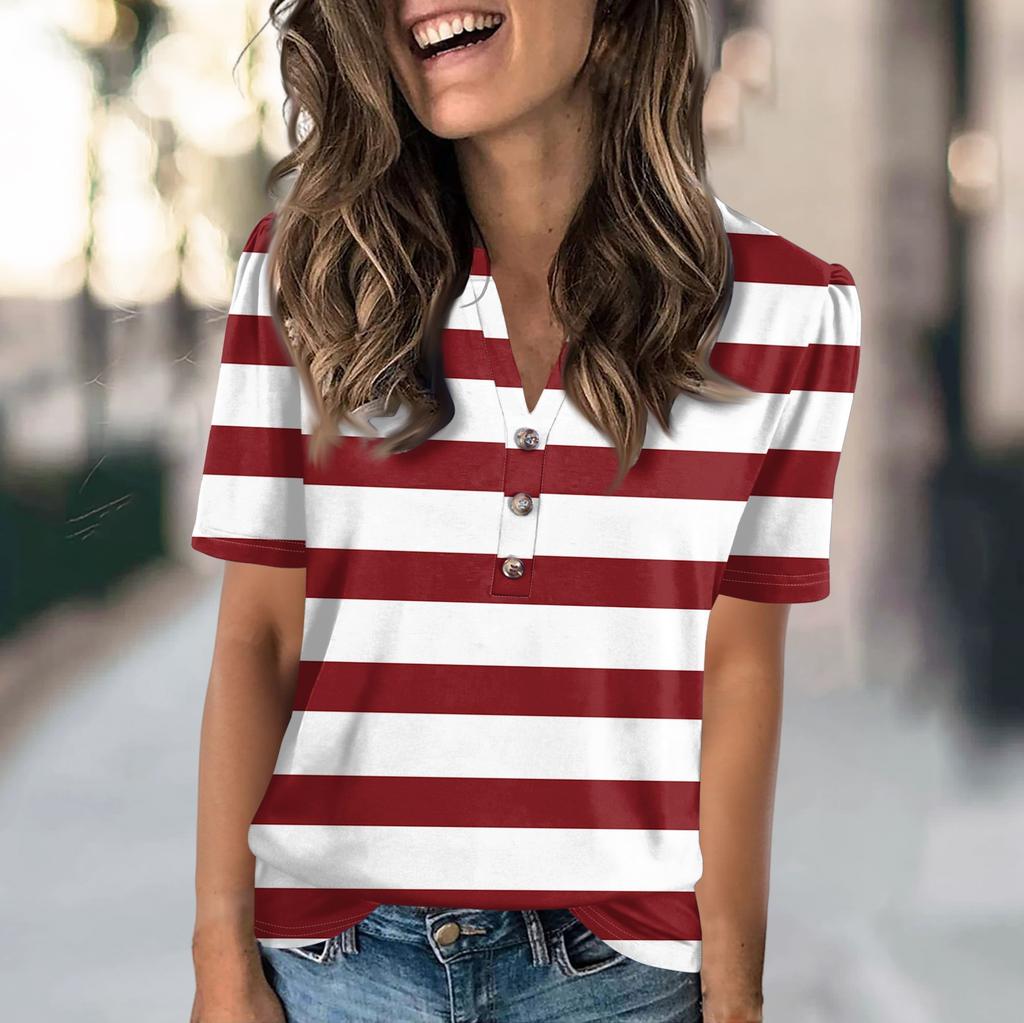 Женская модная повседневная футболка с полосатым принтом и V-образным вырезом, коротким рукавом, на пуговицах
