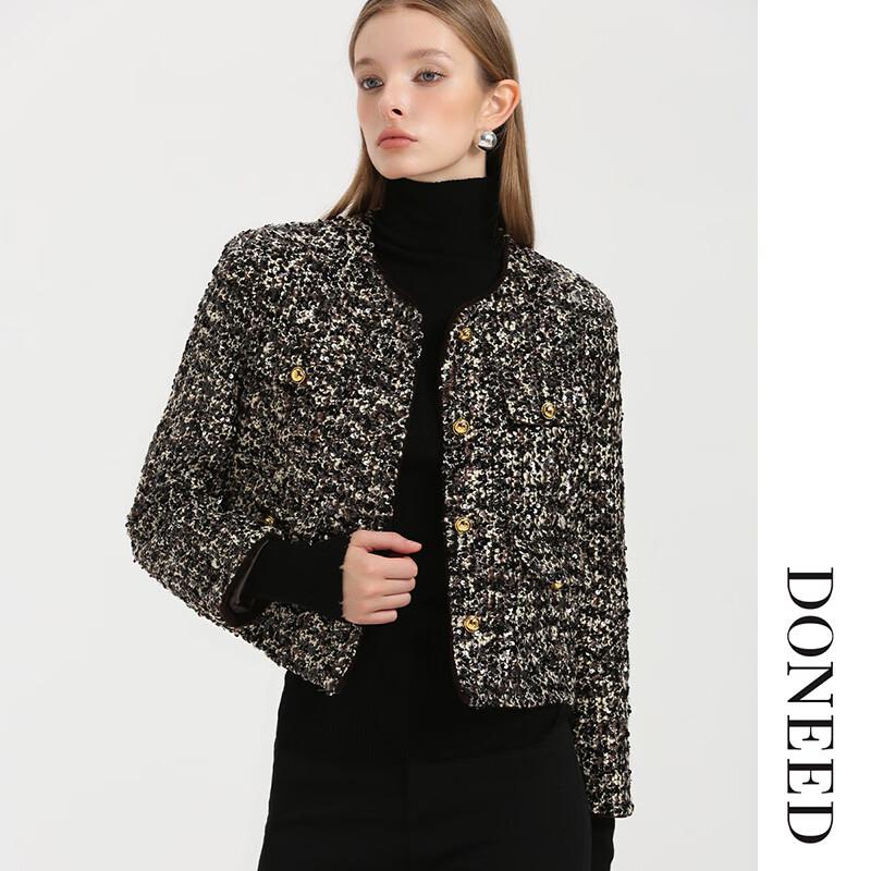 DONEED Women's Tweed Sequin Round Neck Jacket
