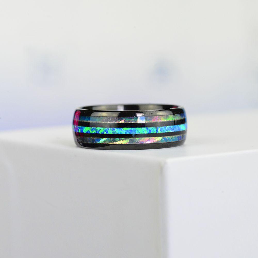 Fashion 8mm Rose Gold Tungsten Wedding Men Stainless Steel Rings Inlay Abalone Shell Blue Opal Rings Men Wedding Band Jewelry