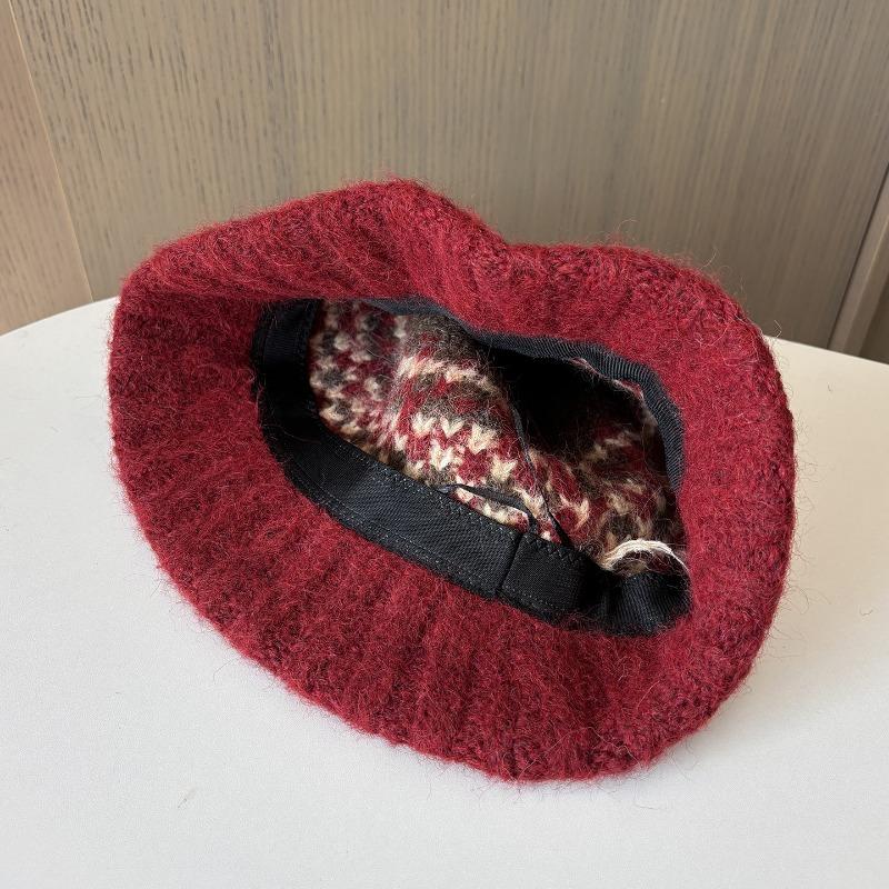 Korean Style Fair Isle Knit Bucket Hat Women Autumn Winter Thick Warm Large Head Size