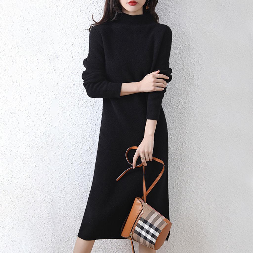 Women's Half High Collar Wool Knitted Dress Solid Color Long Sleeve Sweater Long Dress