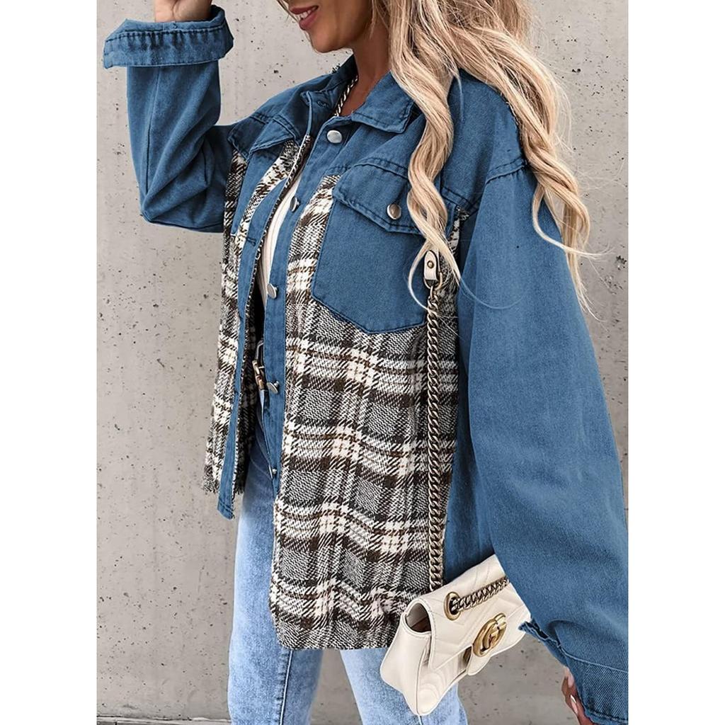 Denim Jacket, Long Sleeved, Checkered, Button Up, Shirt, Jacket Top