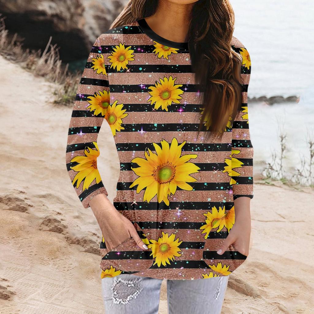 Women's Fashion Casual Round Neck Print 3/4 Sleeve Pocket T-Shirt Top