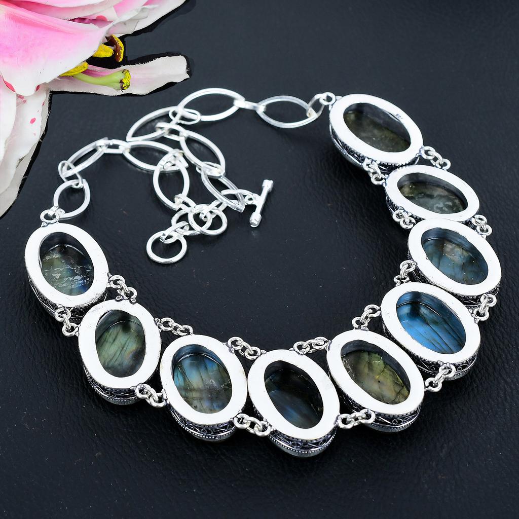 Labradorite Gemstone Handmade 925 Sterling Silver Jewelry Necklace 18" KG-1630