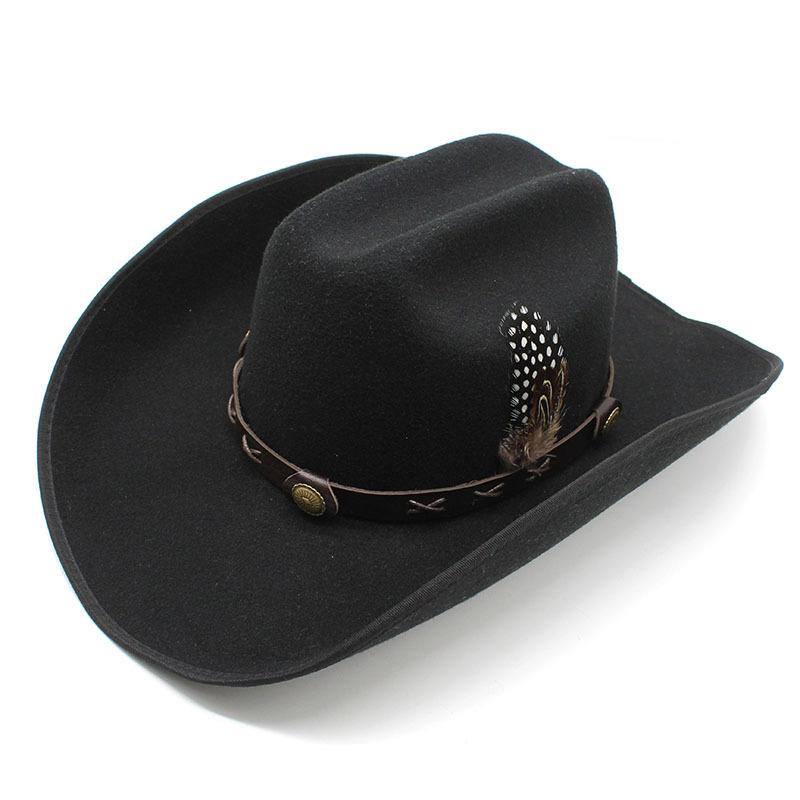 Woolen Black And White 9.5Cm Along Hemming Top Hat Feathers Western Cowboy Hat Riding Hat Men'S And Women'S Leisure