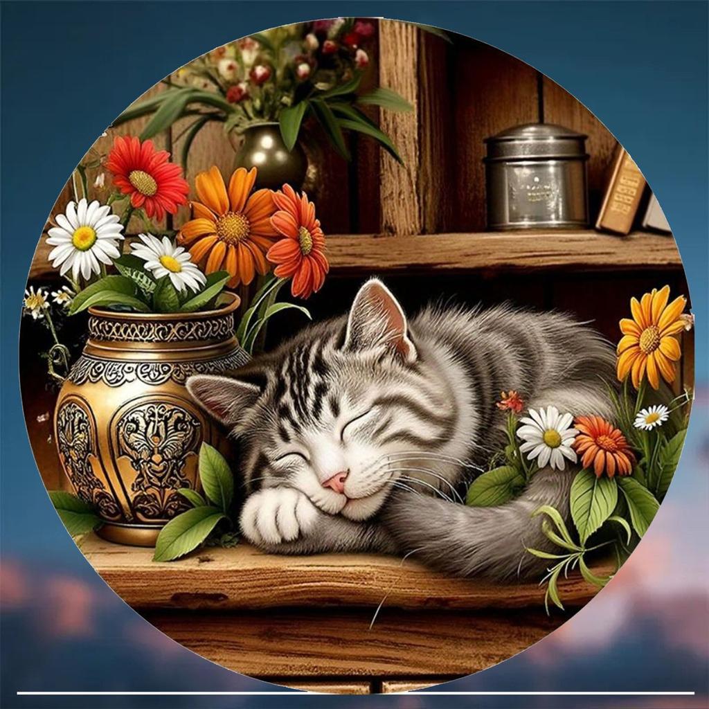 Hisun Tin Sign Vintage Sleeping Tabby Cat Flowers Round Tin Sign Retro Cozy Cottagecore Themed Metal Wall Art Plaque Waterproof Rustic Iron