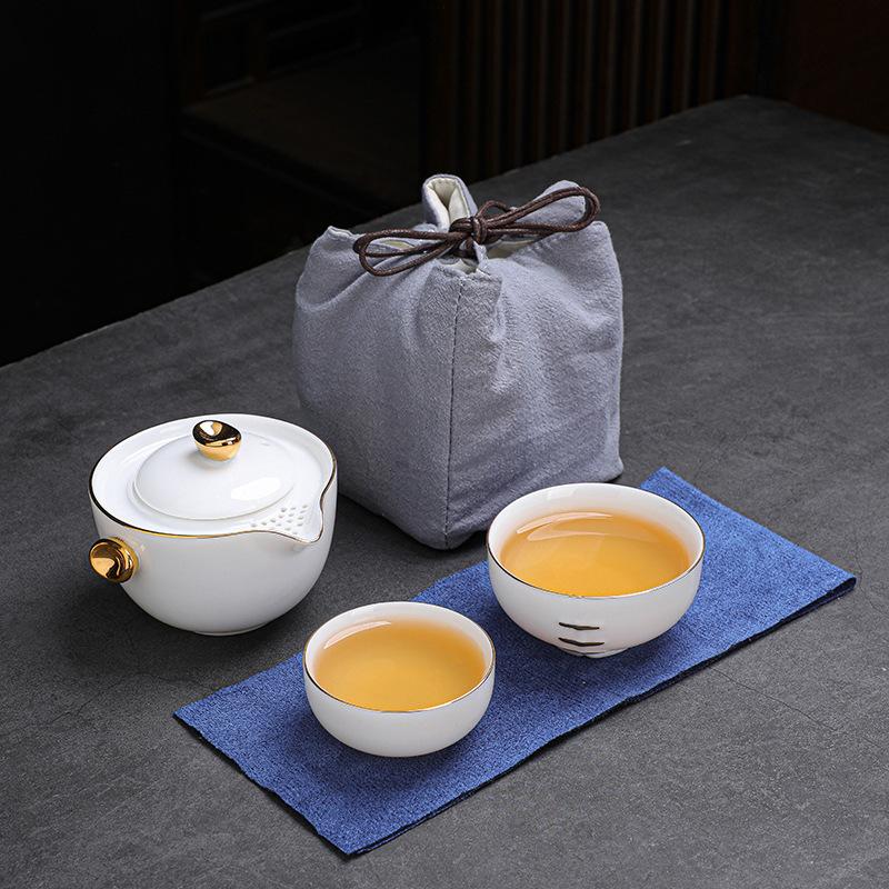 Suet jade porcelain hand-held pot portable outdoor travel tea set New Year's Day company annual meeting business gifts plus