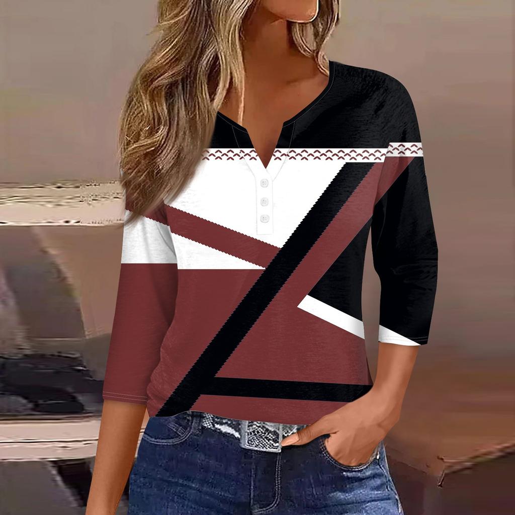 Жен. Футболка Футболка С принтом Пуговицы Рукав 3/4 Повседневные Выходные Мода Классический Классический V-образный вырез Обычный Верх
