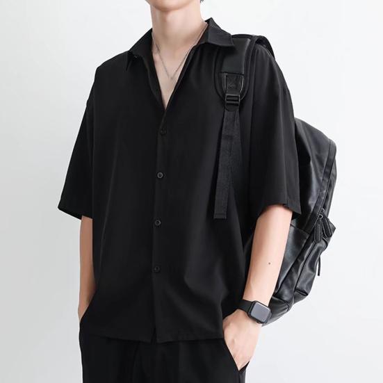 Men Summer Shirt Turn-down Collar Single-breasted Loose Short Sleeve Solid Color Buttons Soft Breathable Men Casual Top