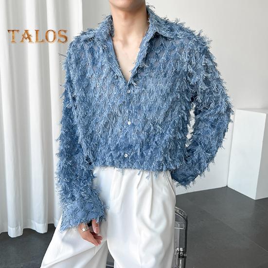 Мужская рубашка с нагрудным карманом и кисточками, отложным воротником, однобортная, с длинными рукавами, однотонная, для праздничной рождественской вечеринки, клубный топ