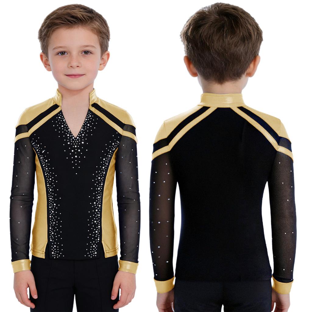Boys Skating Performance Top: V-Neck Long Sleeve Rhinestone Color Block with Split Hem for Competition Costume