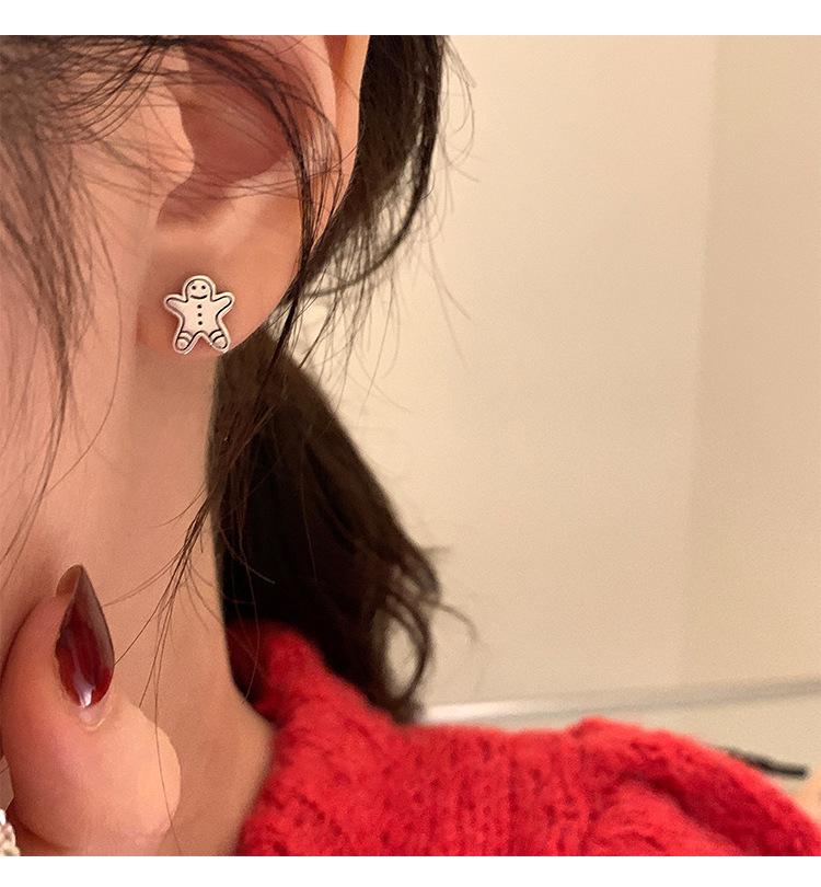 Серьги-пусеты из серебра S925 с изображением милого пряничного человечка и медведя - Универсальный рождественский подарок для женщин