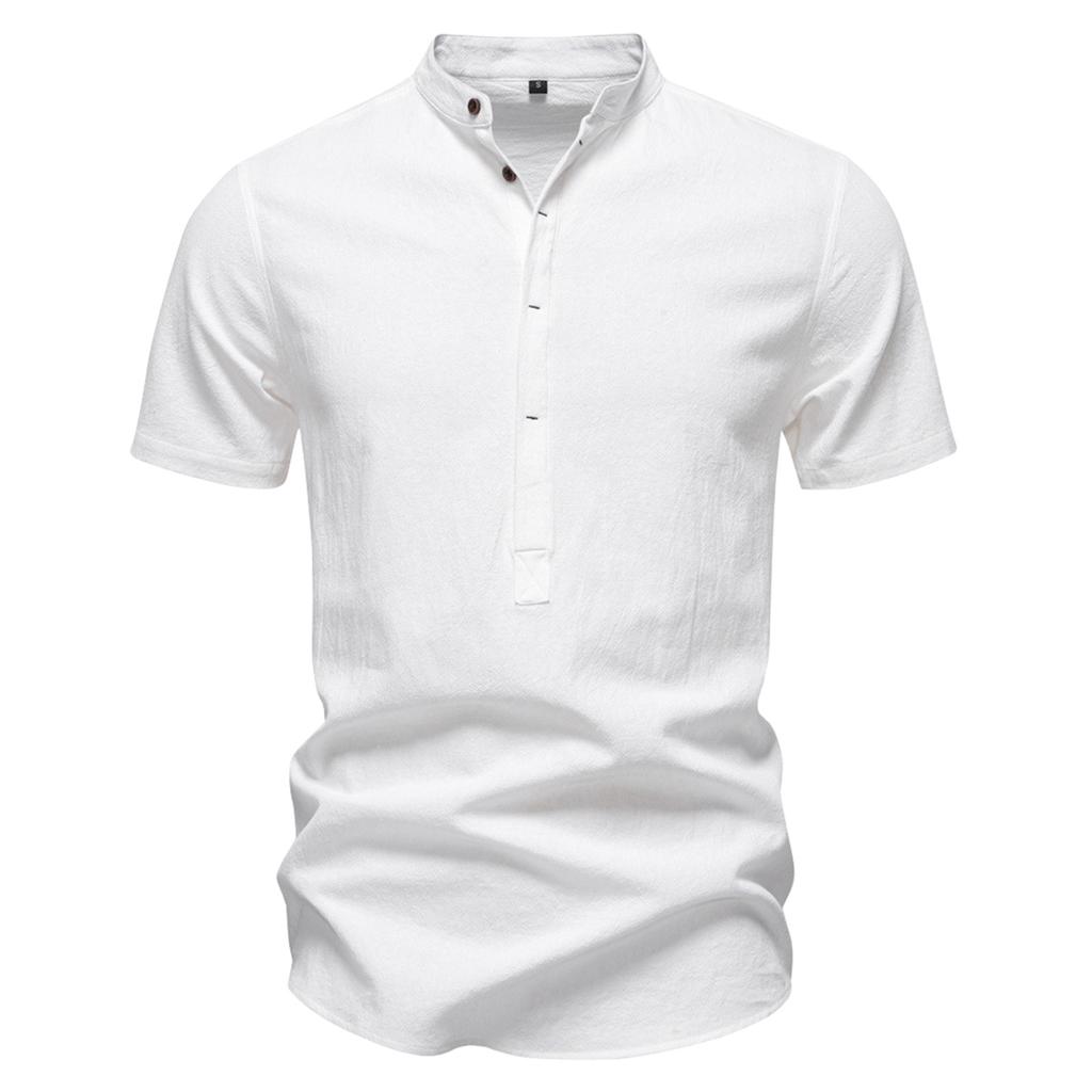 Men's Solid Color Cotton Linen Button Stand Collar Short Sleeve Top Men's Casual Breathable Tops